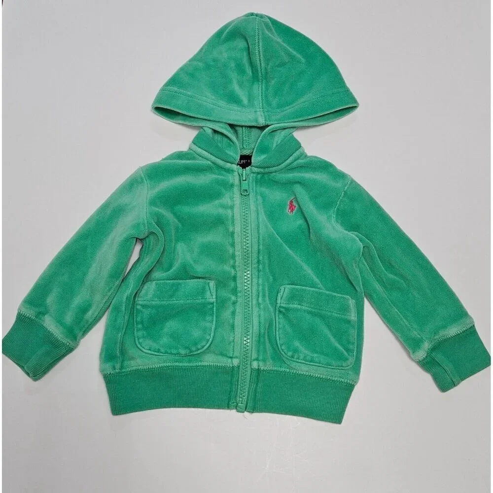 Ralph Lauren Green Velour Hoodie Full Zip Sweatshirt Baby Infant 9 Months READ